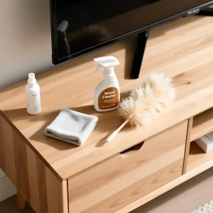 Натуральная деревянная тумба под телевизор с набором для ухода: спрей, тряпка из микрофибры и пушистая щетка.