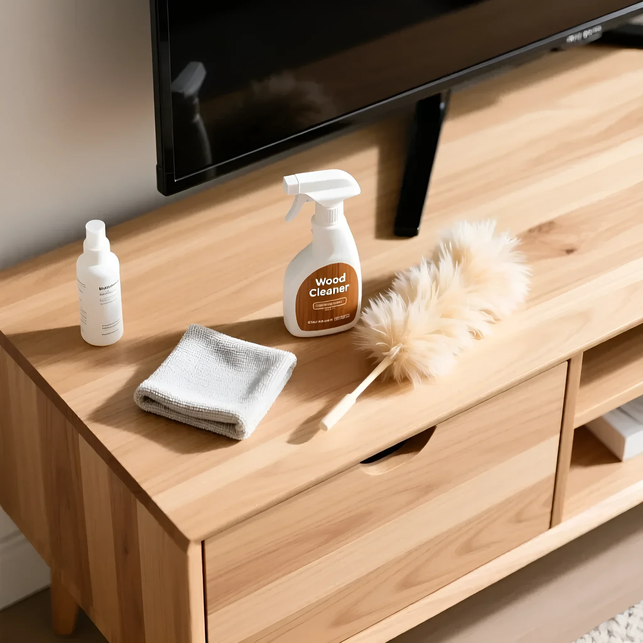 Натуральная деревянная тумба под телевизор с набором для ухода: спрей, тряпка из микрофибры и пушистая щетка.