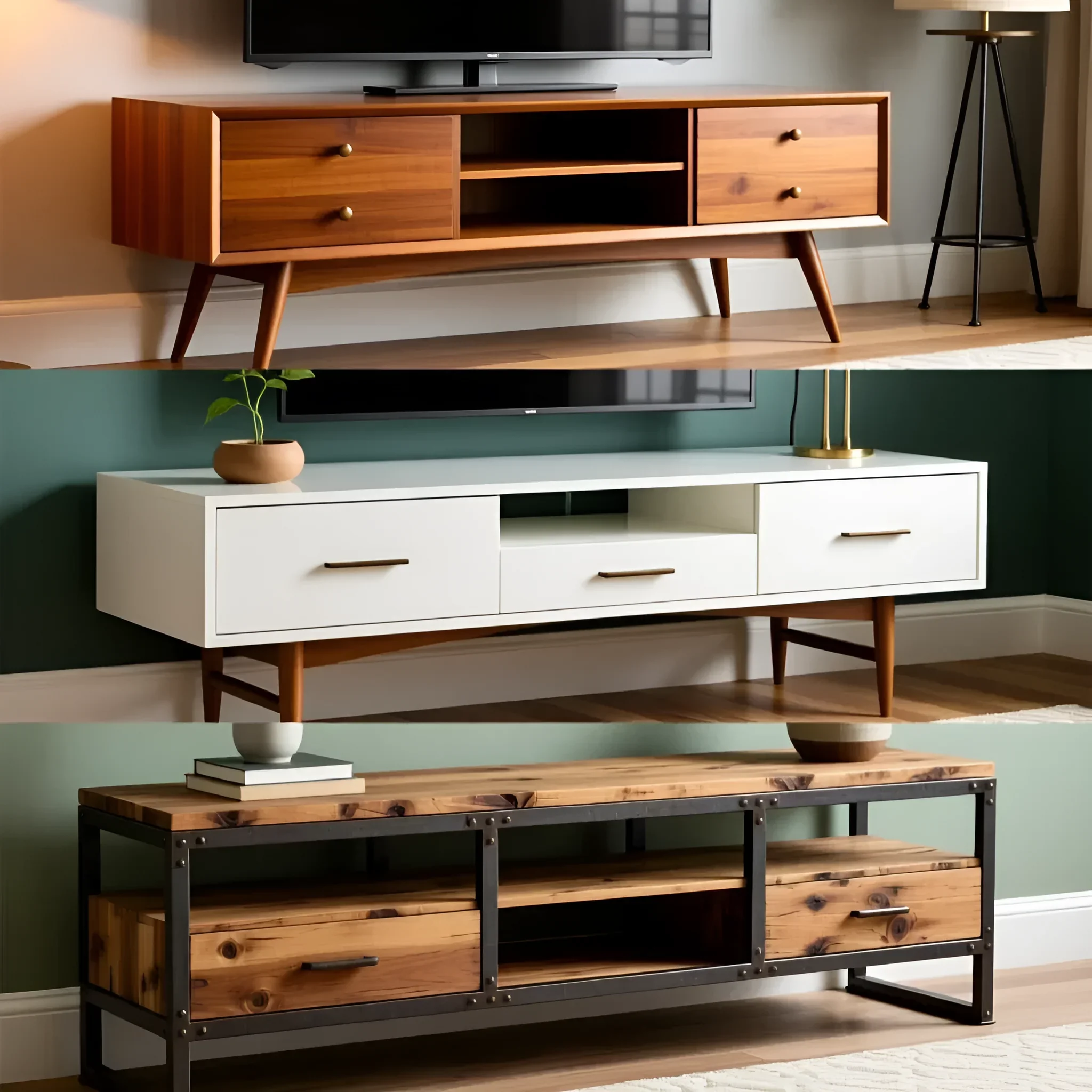 Collage aus drei stilvollen TV-Unterschränken: Mid-Century-Modern, minimalistisches weißes und industrielles Loft-Modell