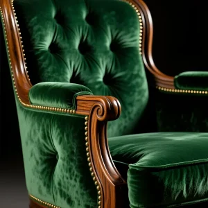 Крупный план винтажного кресла с глубокой изумрудной бархатной обивкой и резными деревянными подлокотниками, украшенными латунными гвоздиками.