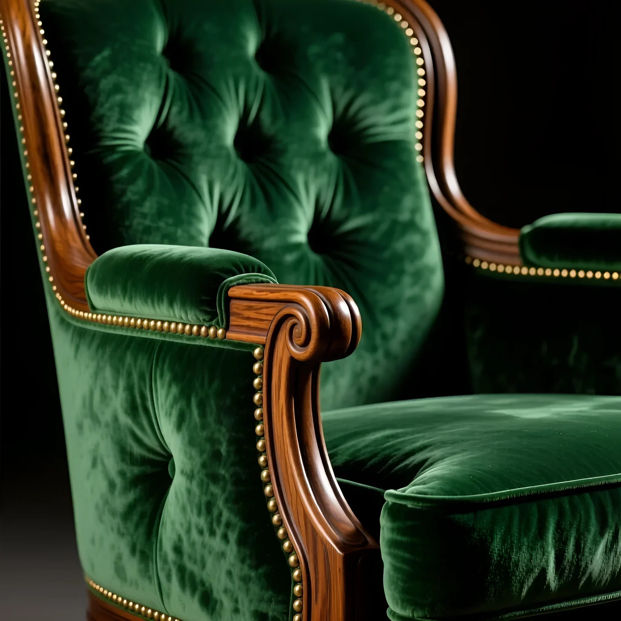 Великий план вінтажного крісла з глибокою смарагдовою оксамитовою оббивкою та різьбленими дерев'яними підлокітниками, прикрашеними латунними цвяшками.