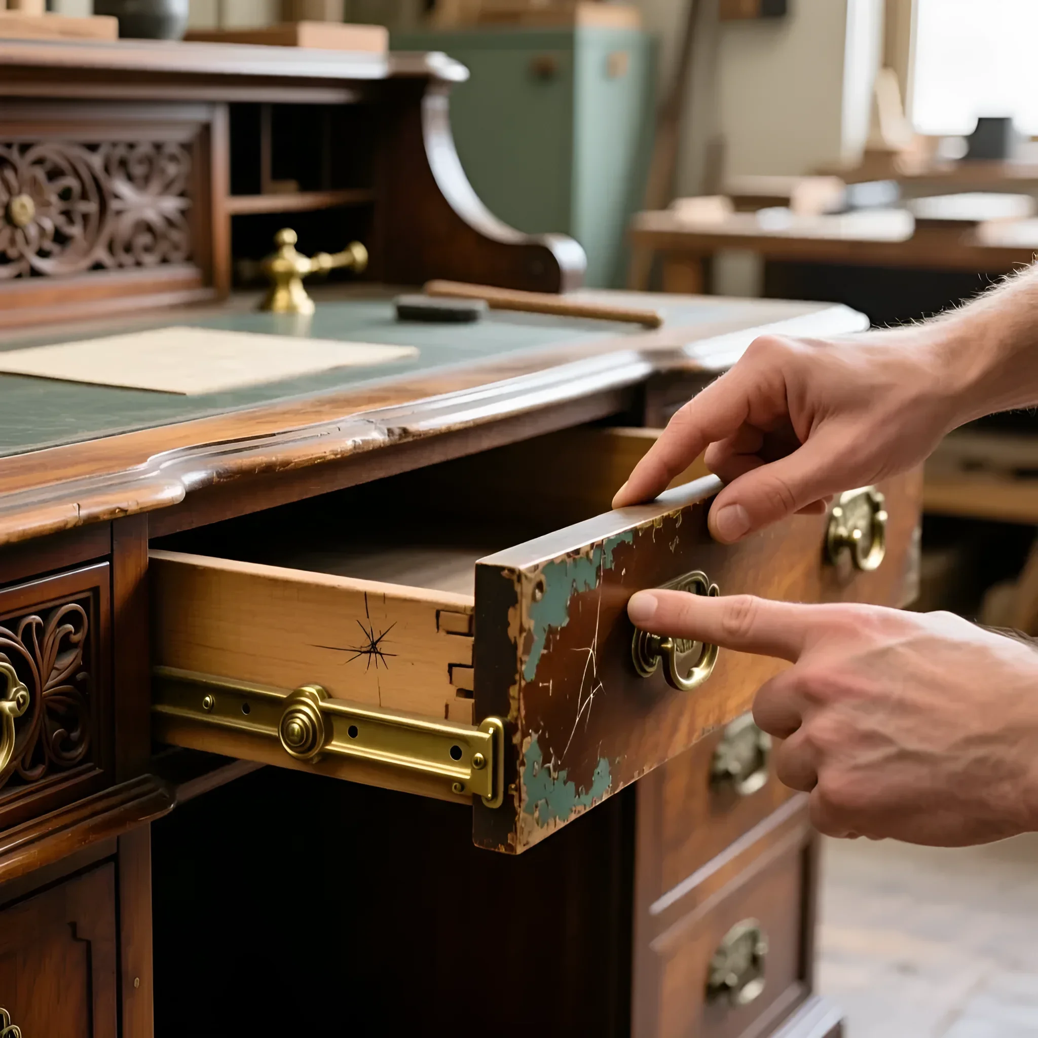 Великий план руки, що перевіряє старовинну дерев'яну скриньку з облущеною фарбою та латунними напрямними
