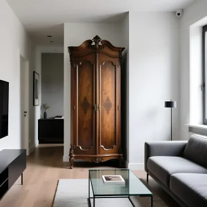 Высокий, резной, двухстворчатый винтажный шкаф из темного дерева, контрастирующий с белыми стенами и современной мебелью