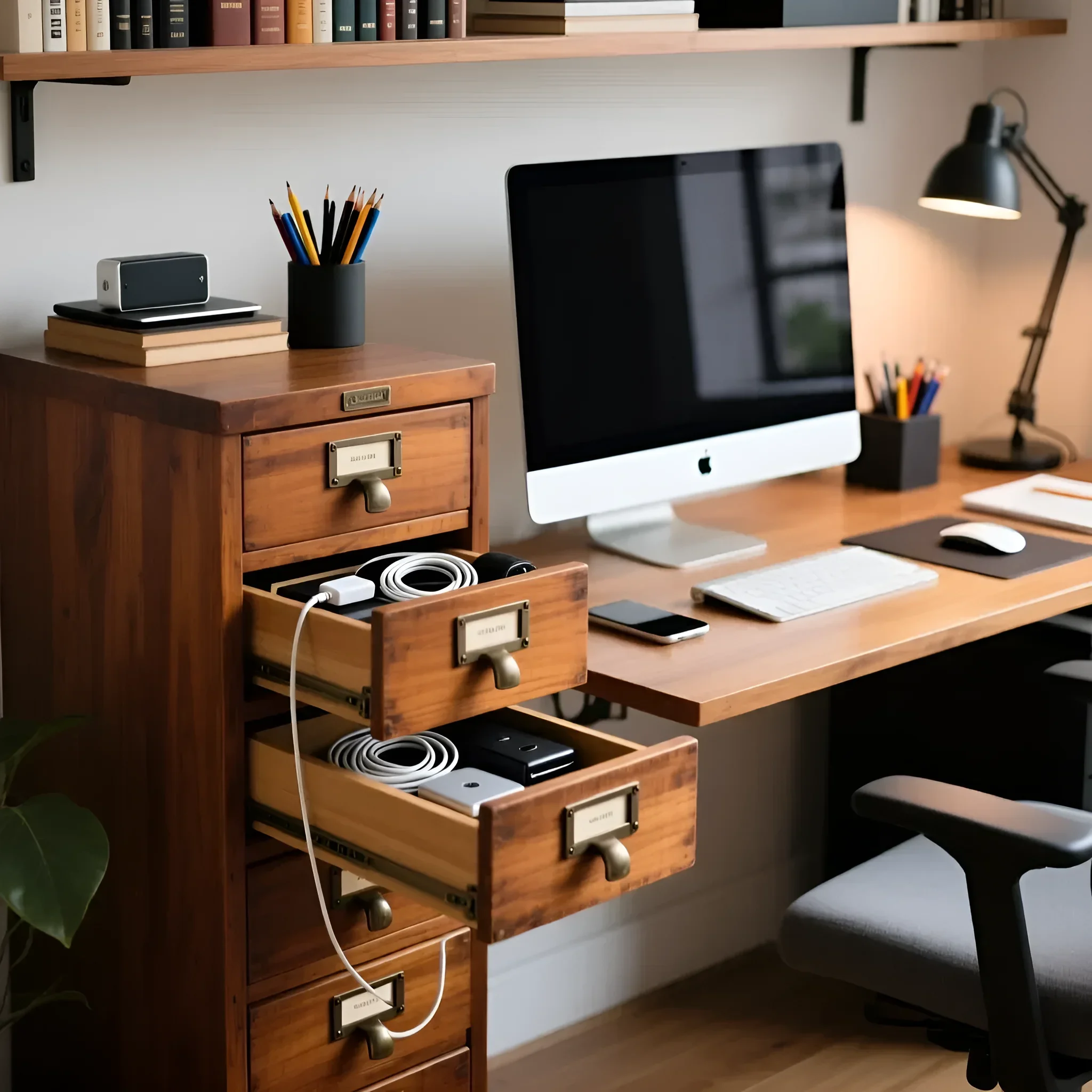 Дерев'яний вузький комод з бронзовими ручками-бірками, що демонструє акуратне зберігання зарядних пристроїв та проводів у висувних ящиках.