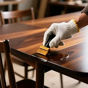 Мастер в перчатке наносит глянцевый лак или масло на темную деревянную столешницу стола кистью