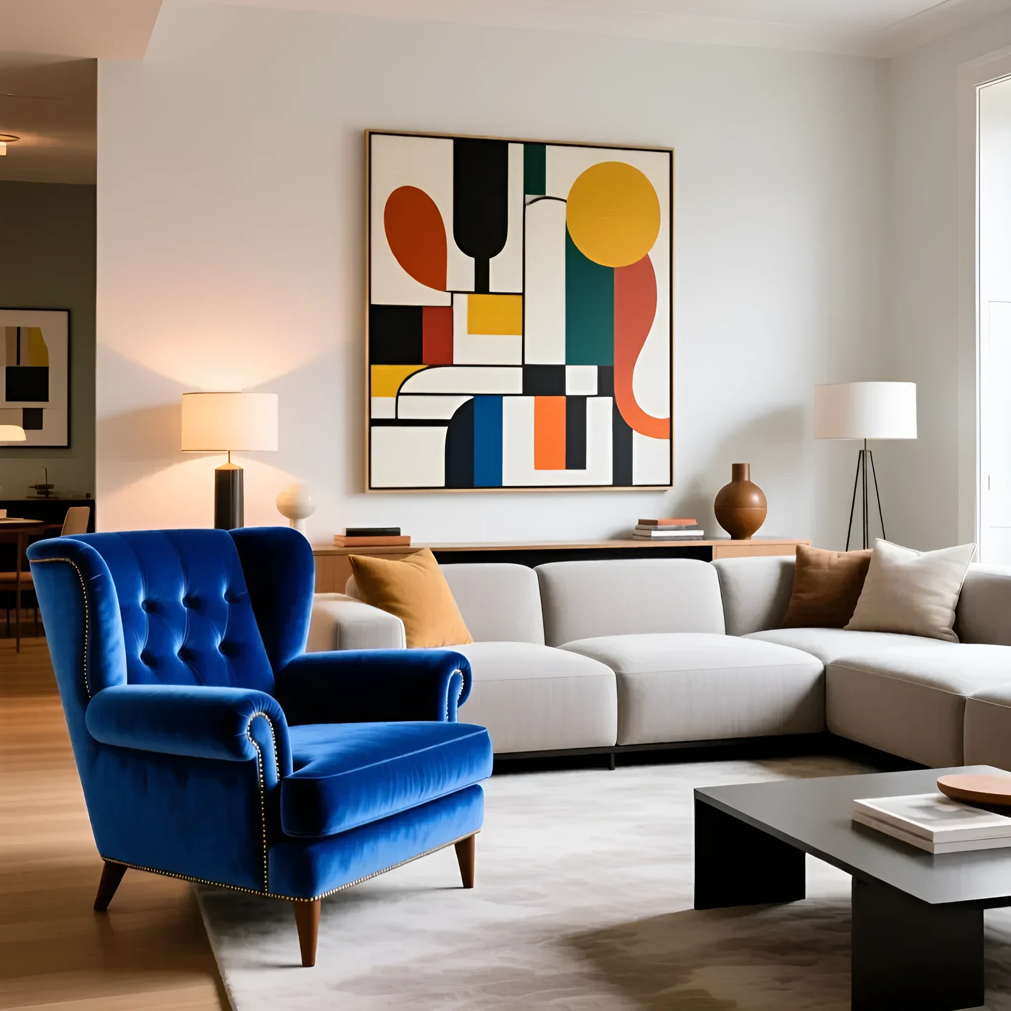 Синє оксамитове крісло Честерфілд з утяжкою в інтер'єрі вітальні з мінімалістичним диваном та абстрактною картиною