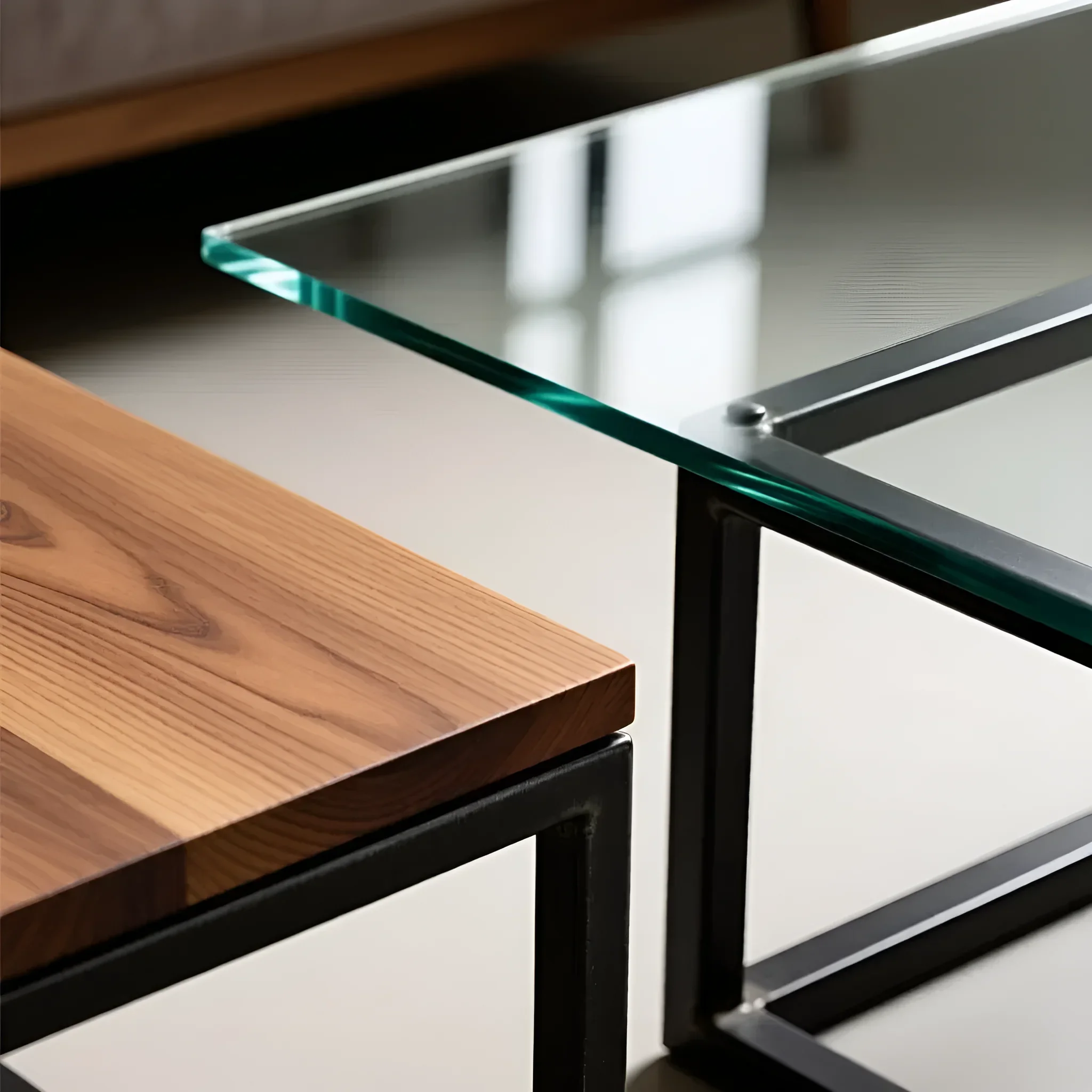 Close-up of a coffee table top: a combination of warm wood texture and clear tempered glass on a black metal frame.