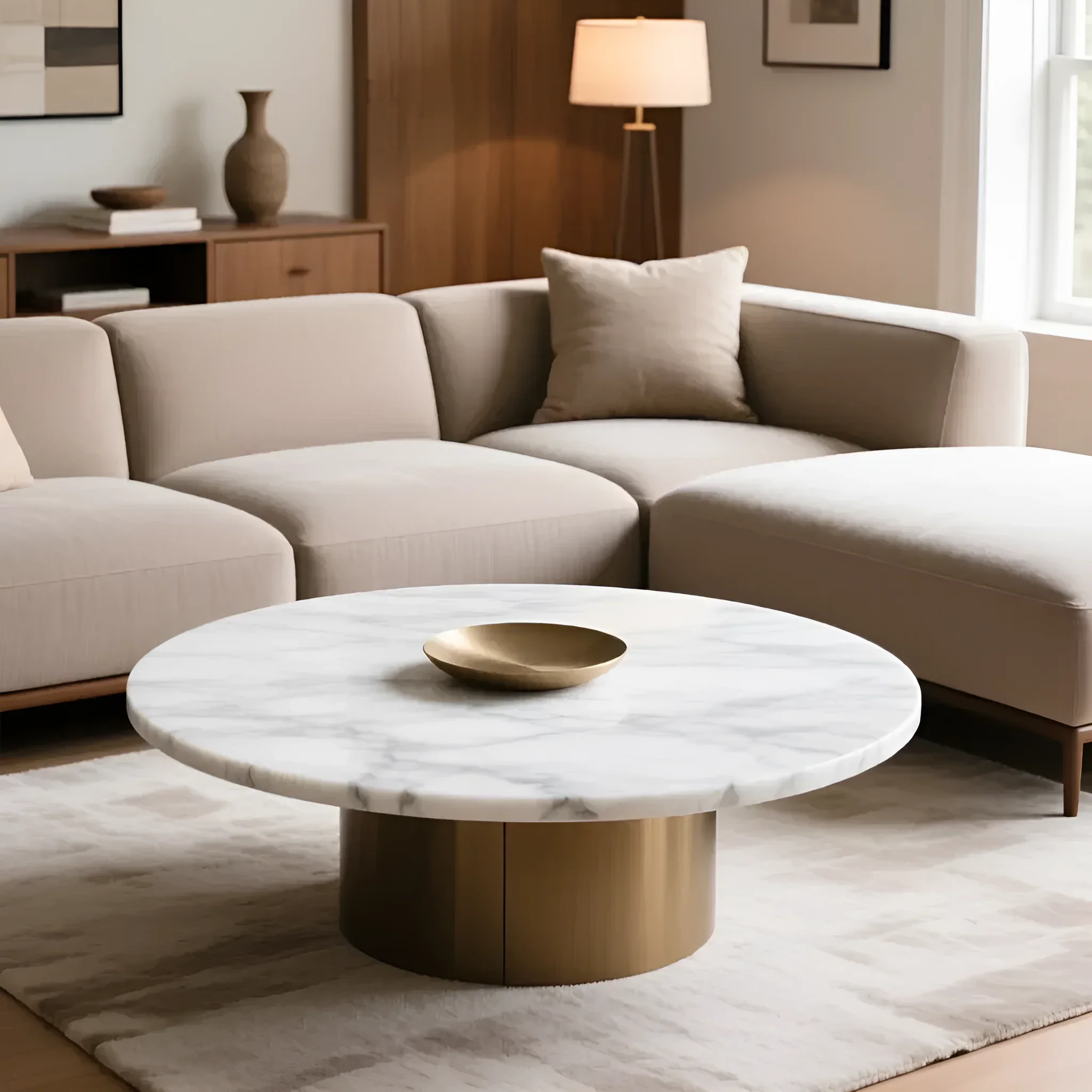 Luxurious round coffee table with a white marble top and brass-colored base in an interior