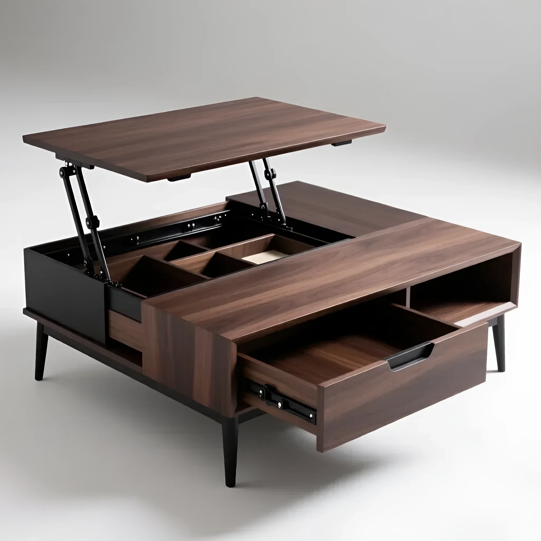 Modern style transforming coffee table with a raised top, showing hidden storage compartments and a drawer.