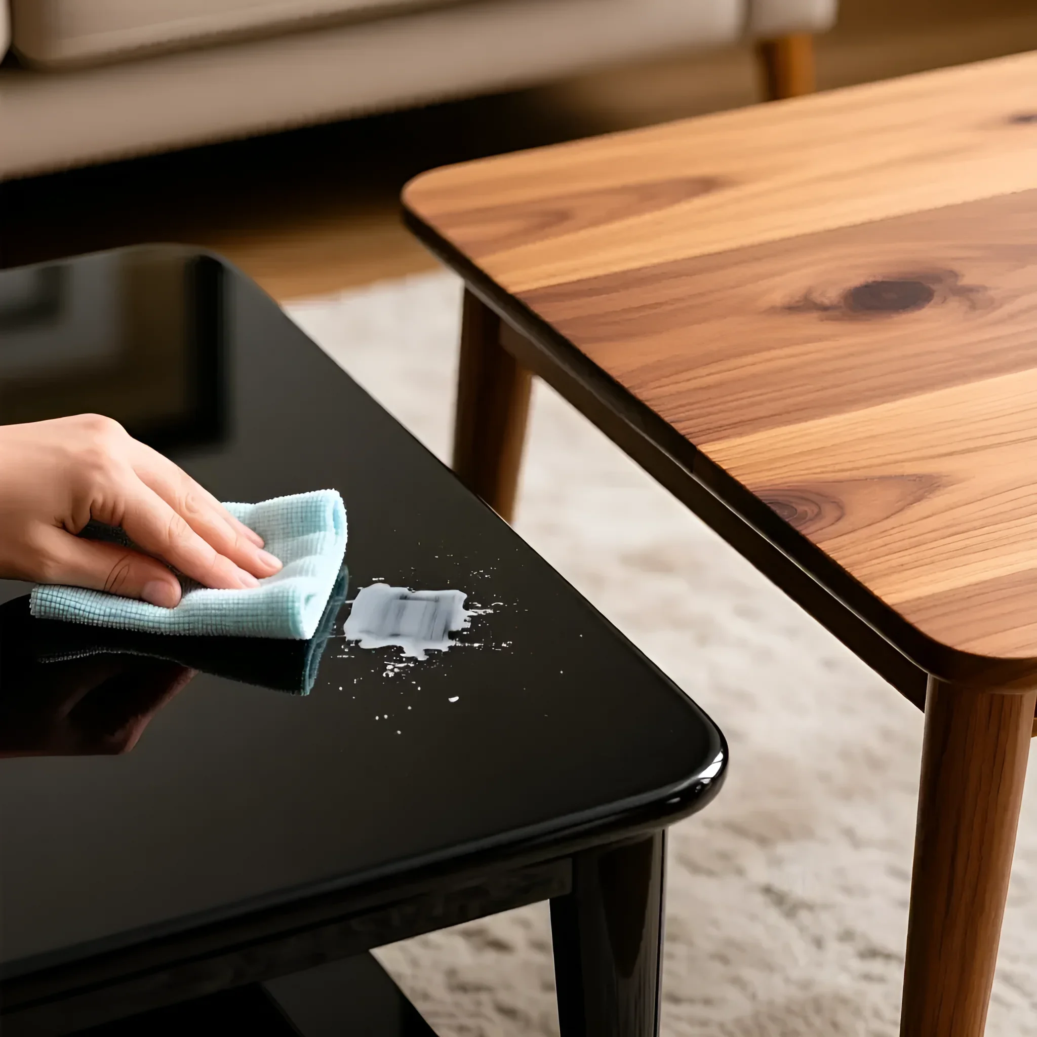 Demonstration of cleaning a glossy black coffee table surface from spilled liquid