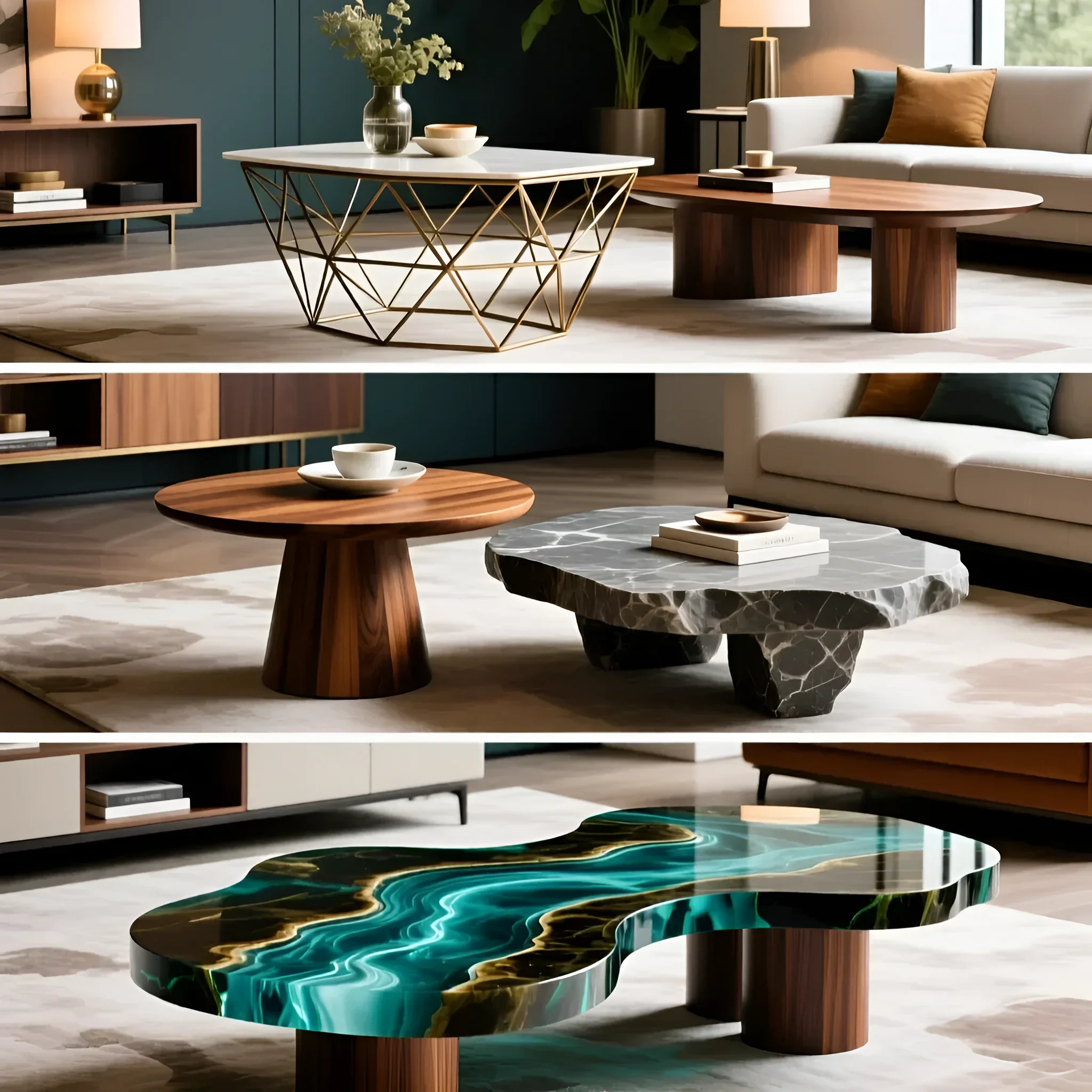 Collage: 5 unique coffee tables - from geometric metal to a table with an epoxy river