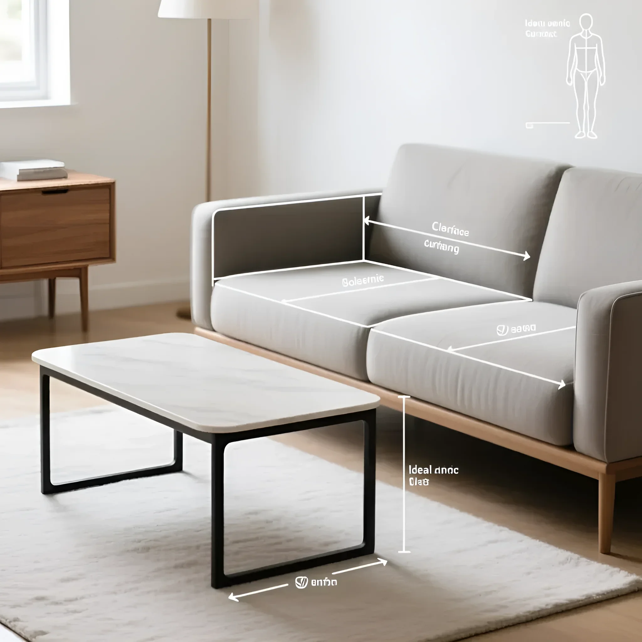 Rectangular coffee table with a white marble top and black metal frame, demonstrating the correct distance from the sofa.
