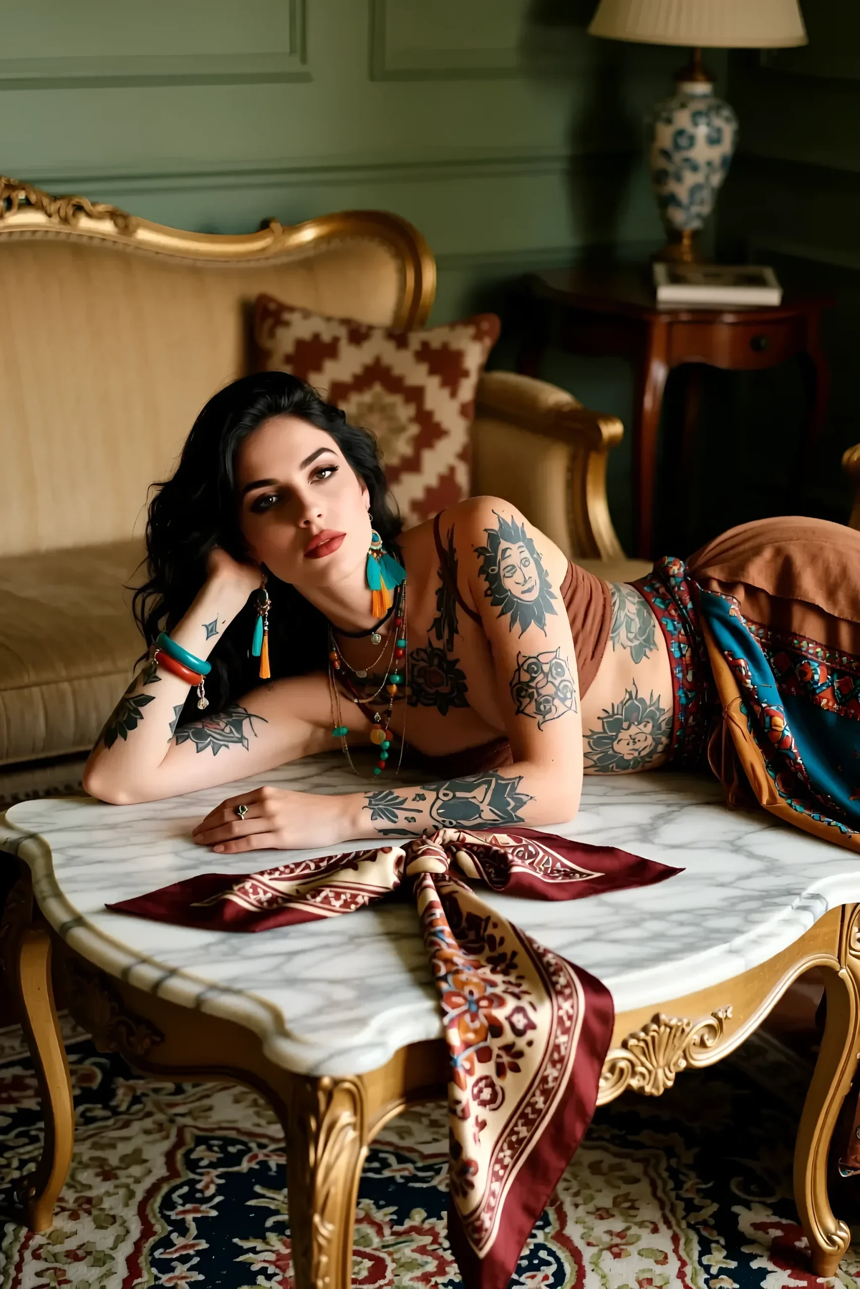 Elegant coffee table with carved gold legs and a white marble top in an interior with antique furniture.