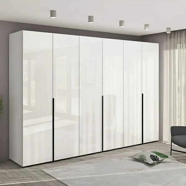 Großer Schrank Flex 2,4m mit weißen Spanplattenfronten, 6 Türen