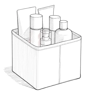 Черно-белый рисунок коробки Box №17 с косметическими средствами: тюбики, флаконы для хранения на туалетном столике.