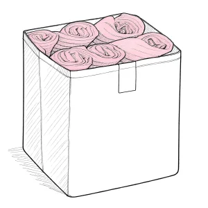 Рисунок коробки Box №21 с розовыми свернутыми в рулоны полотенцами внутри, размеры 30x30x30 см.