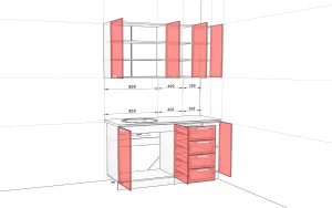 Чертеж компактной белой глянцевой кухни 1,5 метра с красными фасадами, включая навесные шкафы и нижние тумбы с ящиками и мойкой.
