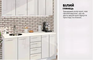 Бюджетная кухня "Крашеный высокий глянец" 1,8 м Белый с белыми глянцевыми фасадами, имитирующей кирпичную стену и встроенной мойкой.