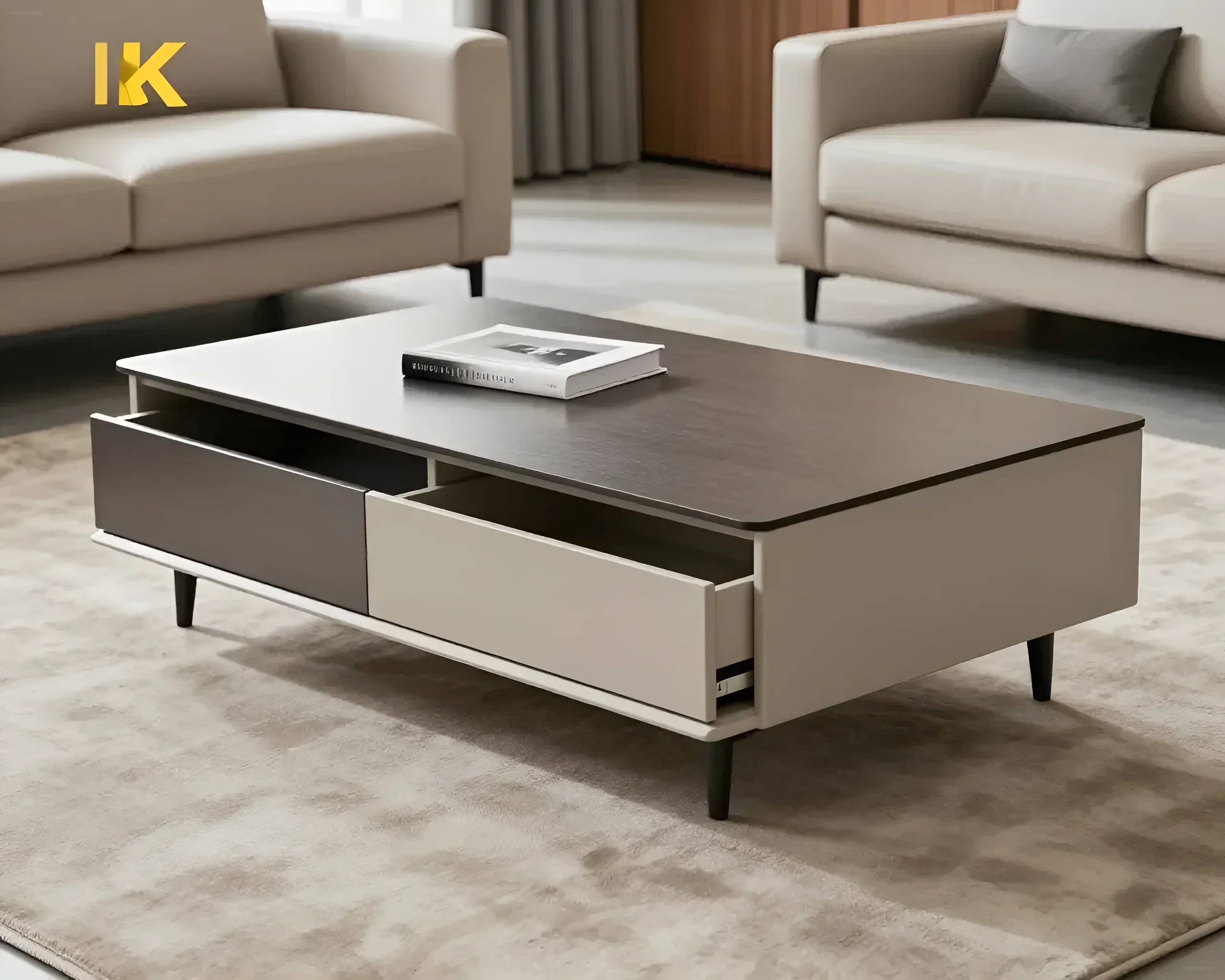Elegant coffee table with two drawers and a contrasting tabletop, standing on thin legs.