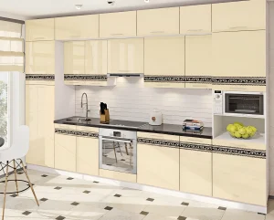 Глянцевая кухня "Хай-тек" 1900 мм цвета крем с черной столешницей, декором и встроенной техникой. Современный дизайн.