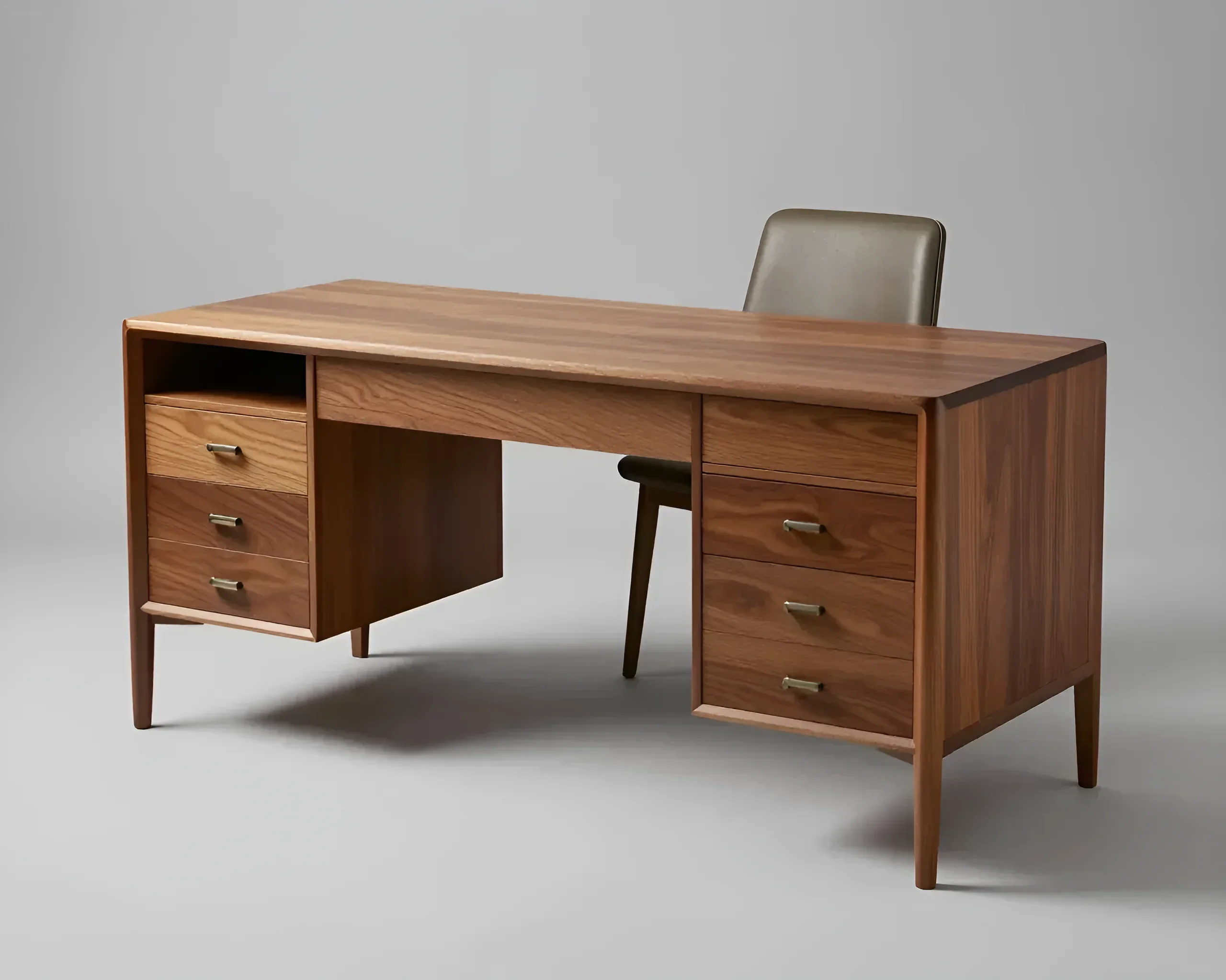Wooden writing desk with drawers and a leather chair against a neutral wall