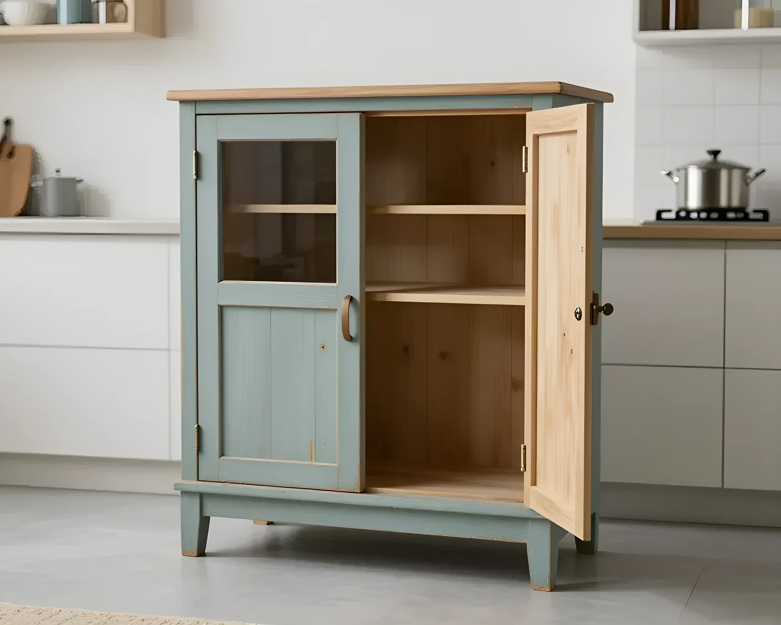 Two-door sideboard with one glass door and an open section with shelves, painted in a muted blue color, with a wooden top and legs.