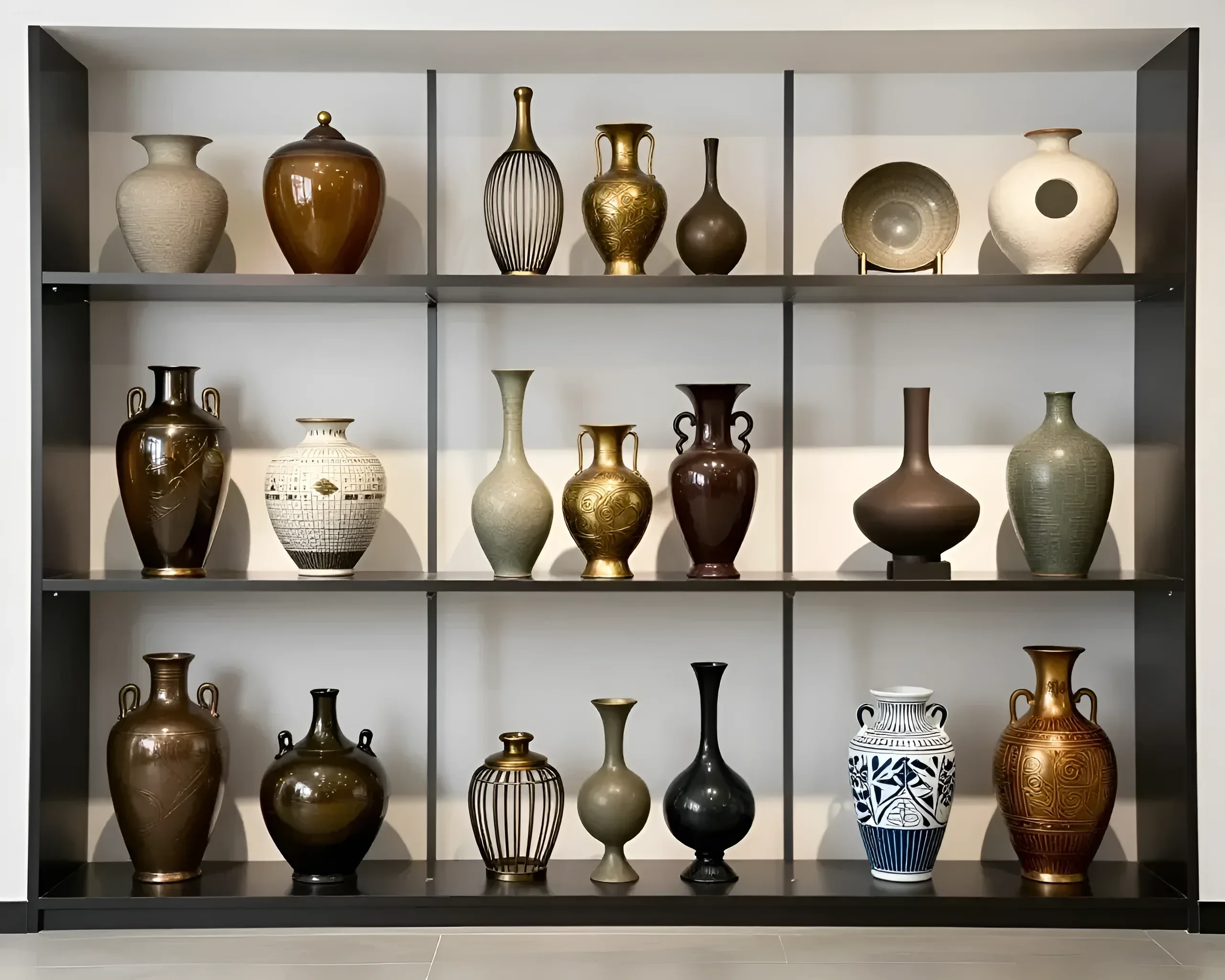 Multi-tiered shelf with various antique vases of different shapes, sizes, and materials, showcasing a richness of textures and color shades.