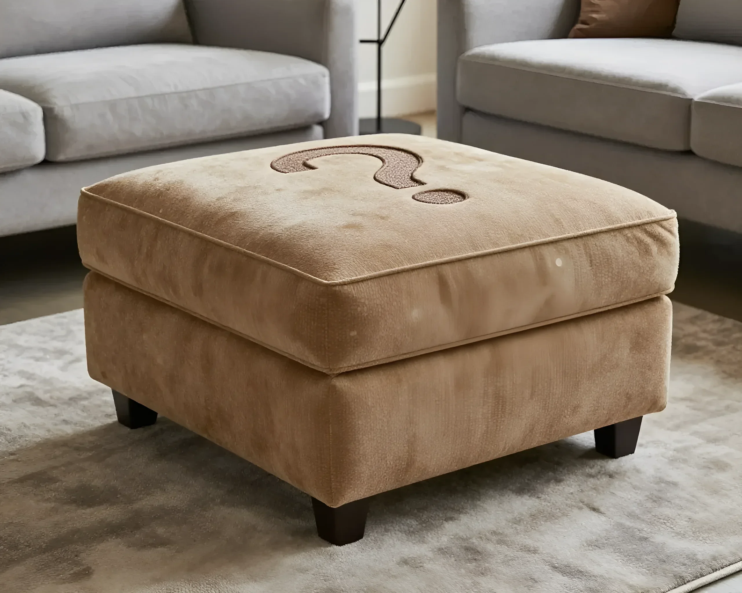 Velvet ottoman with embossed question mark, surrounded by modern furniture, creates intrigue in the interior.