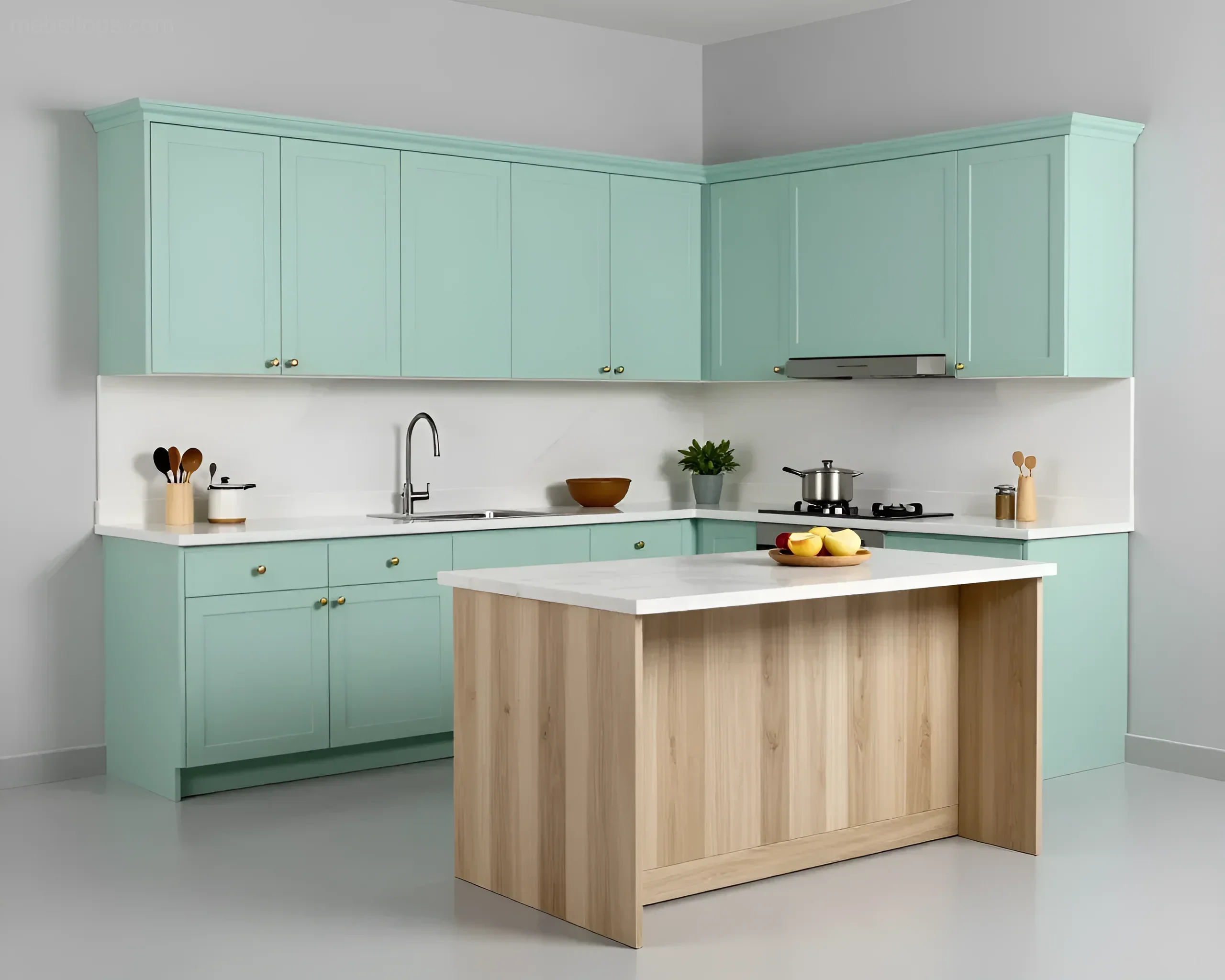 Угловой кухонный гарнитур мятного цвета с деревянным островом и столешницей под мрамор