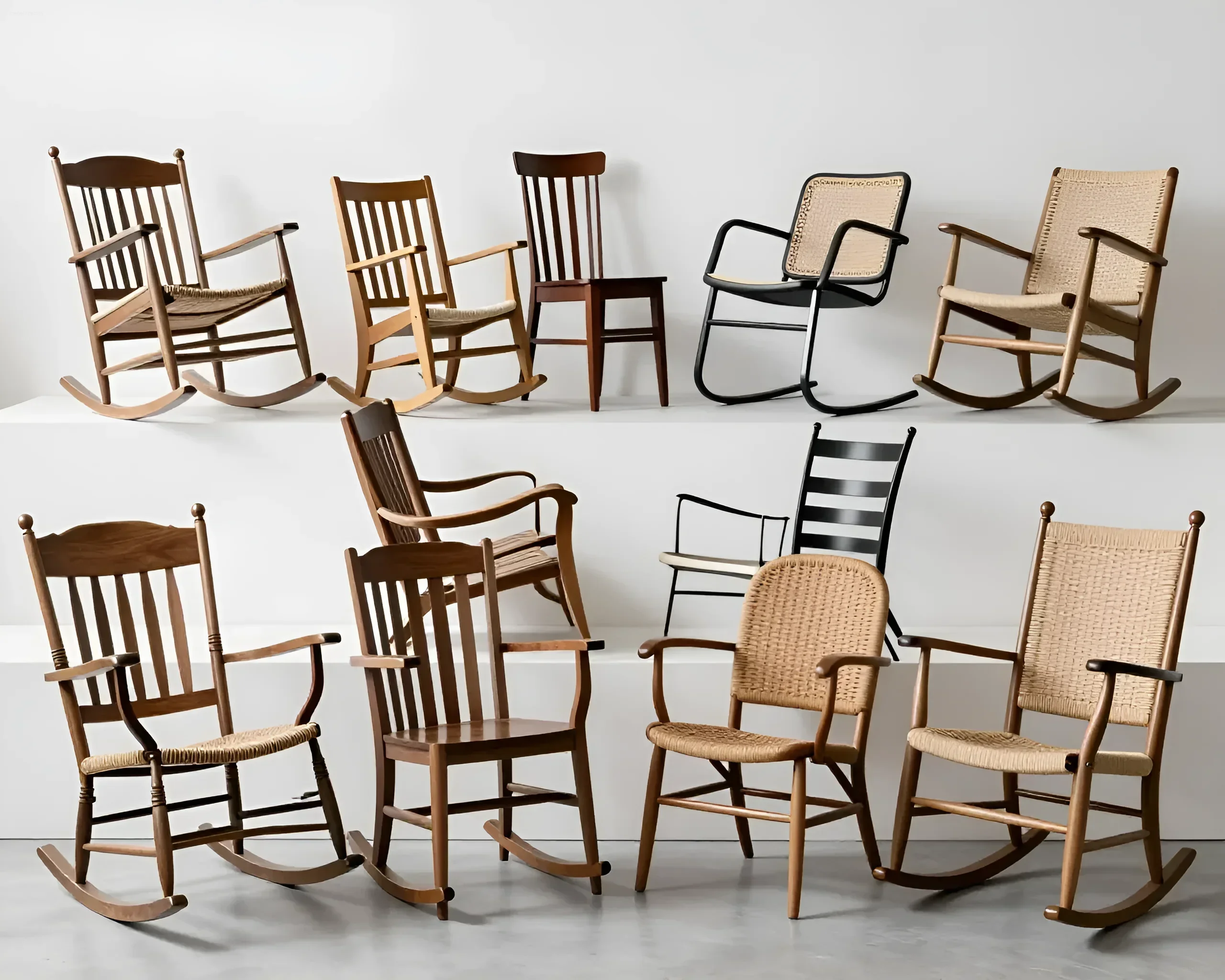 Collection of wooden rocking chairs in various styles, from classic to modern, with woven and wooden seats.