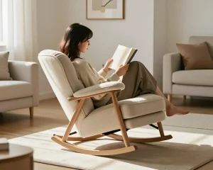 Женщина в светлом кресле-качалке читает книгу, наслаждаясь утренним светом в уютной гостиной