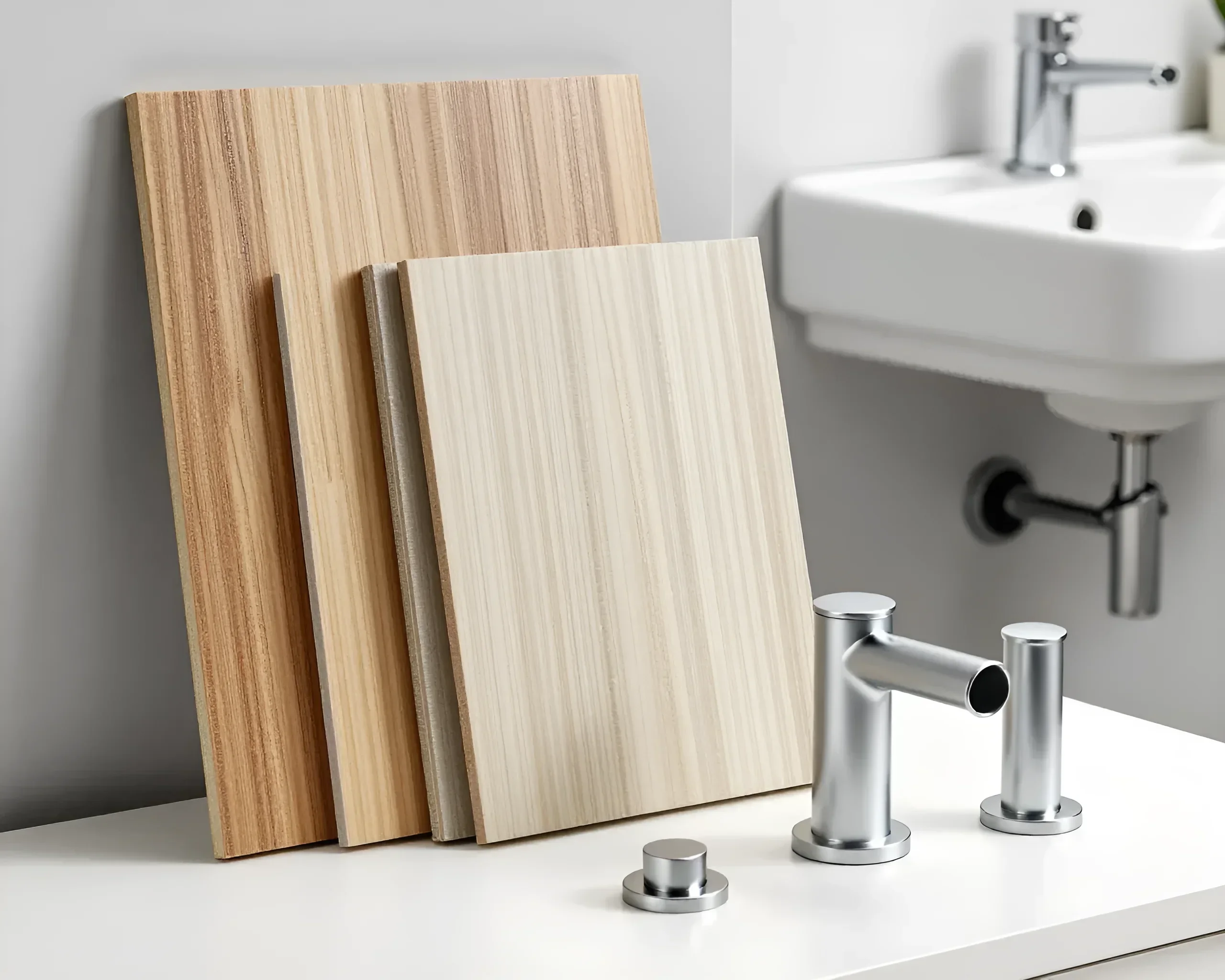 Samples of wood textures and a modern bathroom faucet, demonstrating finishing options and hardware.