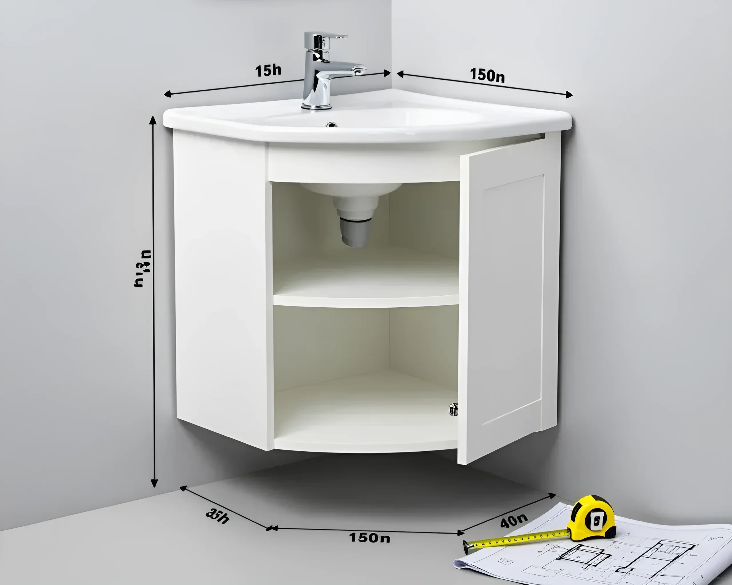 White corner vanity unit with two doors and shelves, dimensions indicated