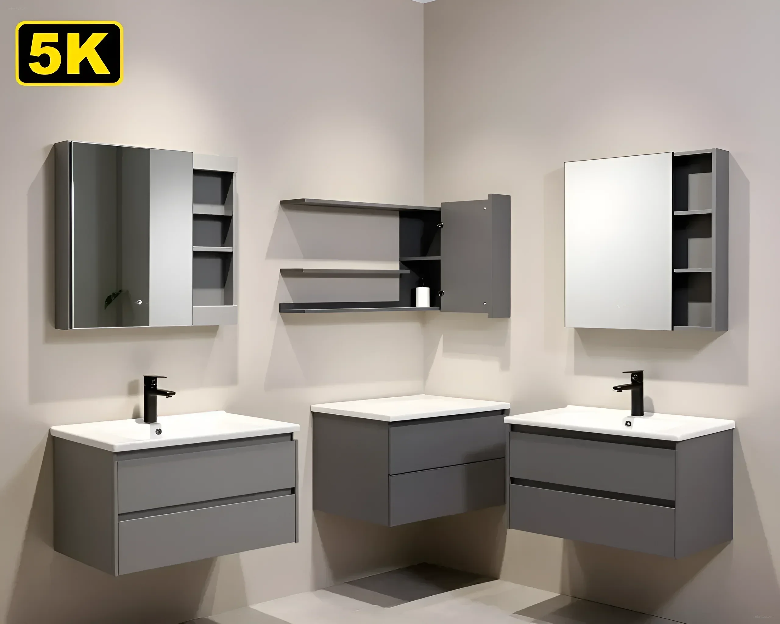 Set moderner Badezimmermöbel: graue Hängeschränke mit zwei Schubladen und Spiegelschränke mit offenen Regalen, ergänzt durch schwarze Armaturen.