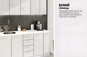 Фотография глянцевой белой кухни шириной 1,9 метра с современной раковиной и встроенным кофейным аппаратом, акцент на стильный дизайн.