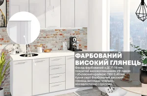 Кухня модульная 'Крашеный высокий глянец' 2000мм Белый с глянцевыми фасадами, кирпичной плиткой и встроенной техникой.