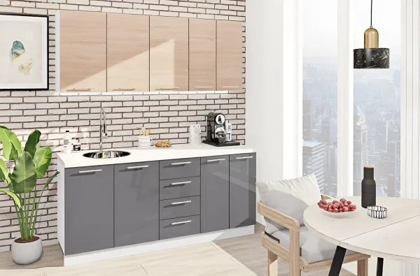Warehouse Kitchen "Eco" 180 cm Straight Graphite, Natural Oak