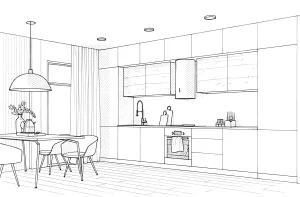 Набросок прямой кухни "Эко" 1.6 метра в темно-сером цвете с фасадами "Дуб сонома", включая столешницу, мойку и обеденную зону.