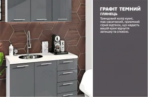 Современная кухня со склада "Крашеный высокий глянец" 1.2 м Графит, с глянцевыми фасадами, стильным смесителм и шестиугольной плиткой.