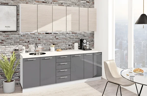 Kitchen in stock "Eco" 220 cm straight Graphite, Whitewashed Oak