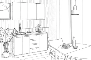 Эскиз кухни в стиле Хай-тек 1400 мм в кремовом цвете с подвесными шкафами, раковиной, кофейной машиной и обеденной зоной.