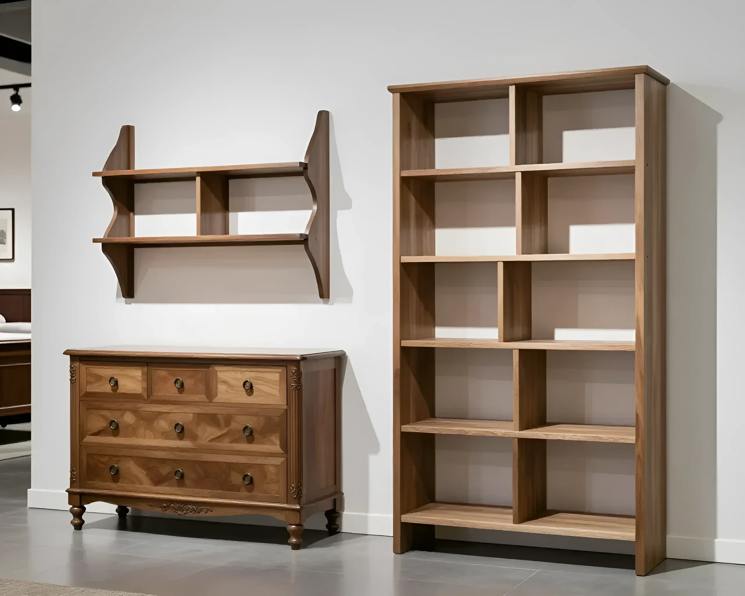 Wall shelf, chest of drawers with carved elements, and a multi-section bookcase made of solid wood