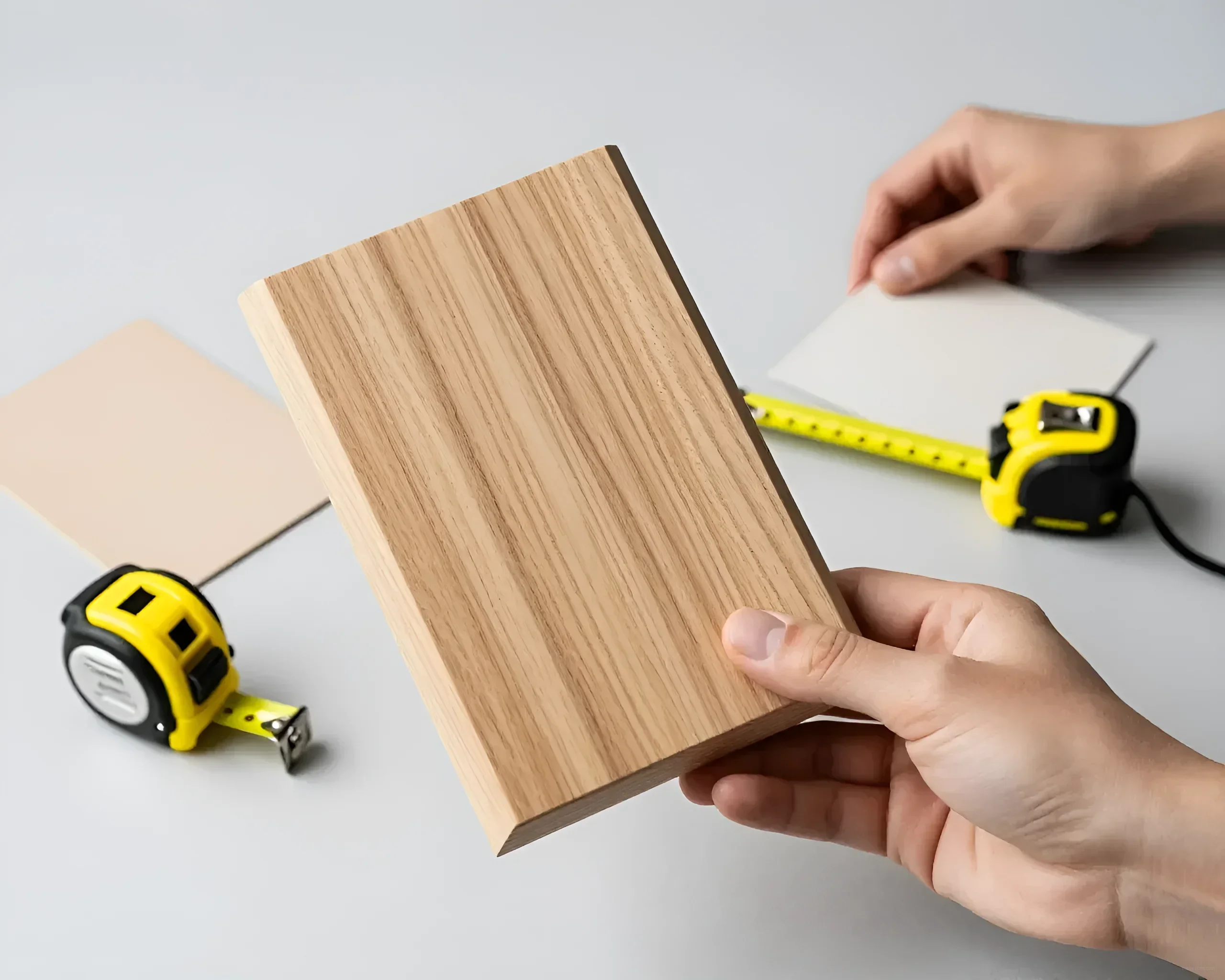 Close-up of a hand holding a sample of textured wooden material, next to a tape measure and samples of other materials, symbolizing the selection and measurement process for furniture projects.