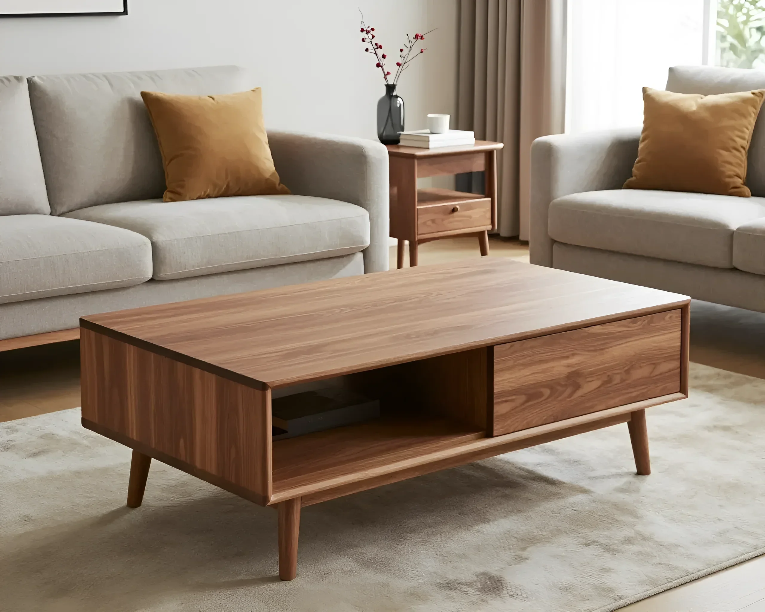Coffee table made of solid wood with a drawer and an open shelf, complementing a modern living room interior.