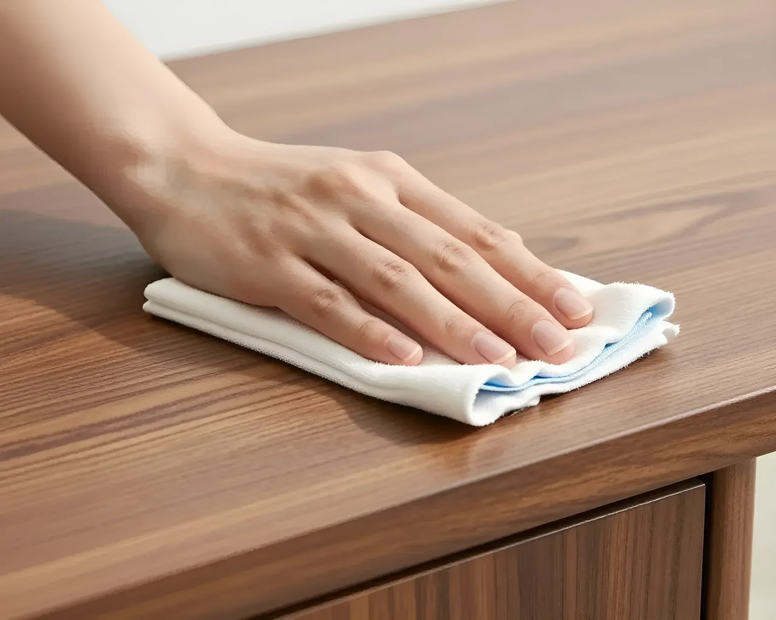 A hand gently wipes the surface of a solid wood table with a soft white cloth