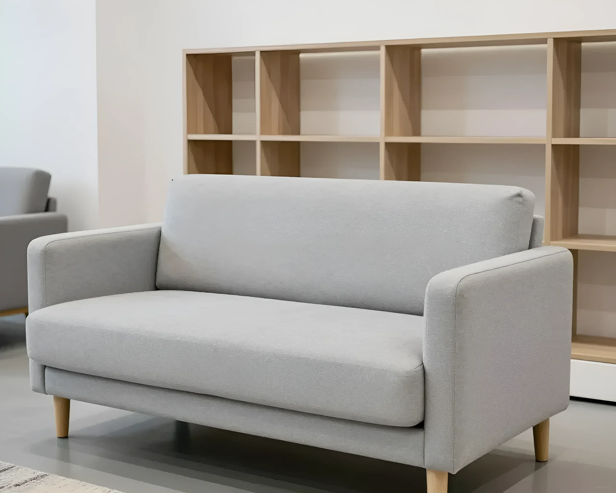 Light gray two-seater Scandinavian-style sofa with wooden legs, standing against an open modular shelving unit.