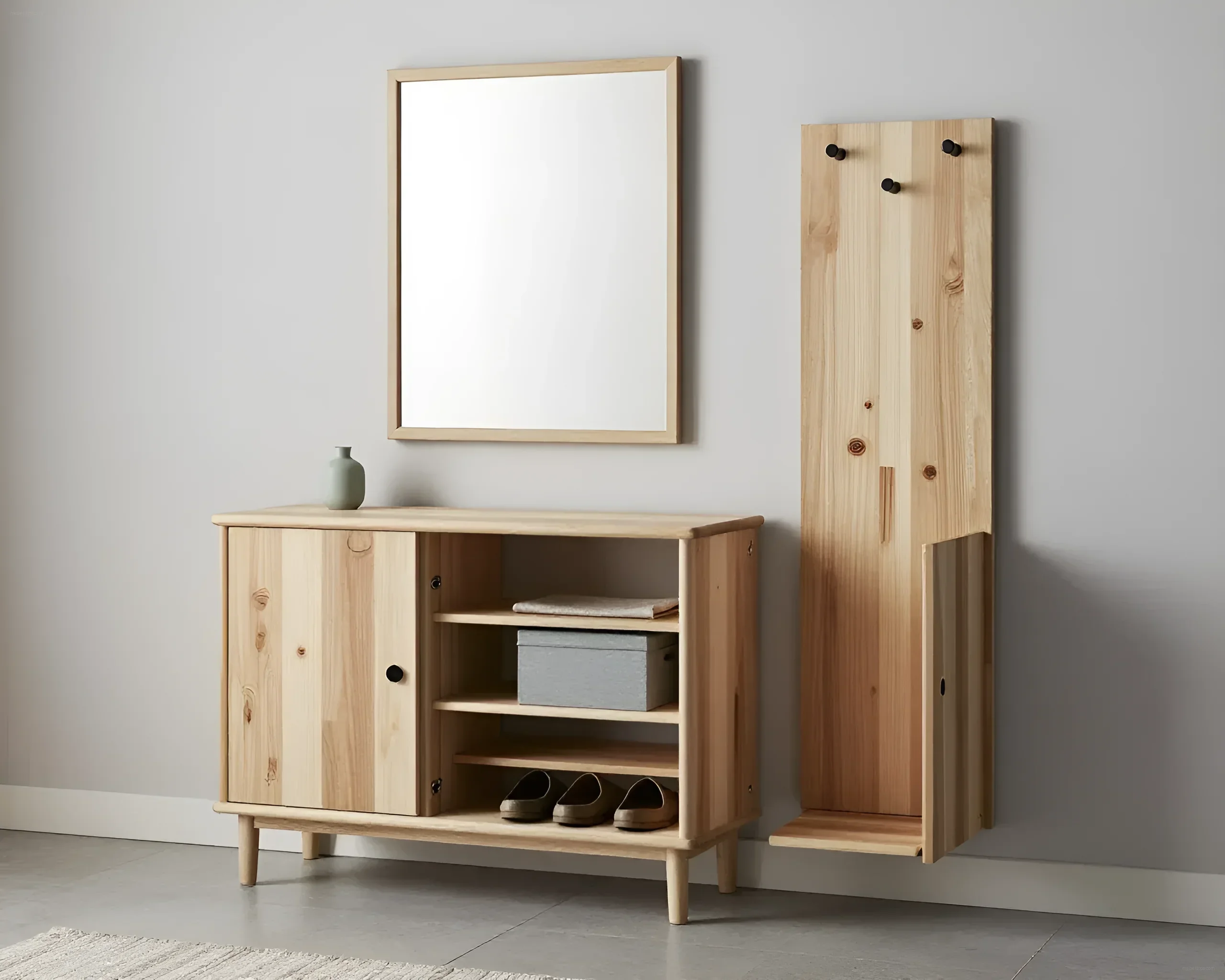 Hallway furniture set: wooden cabinet with sliding door and shelves, thin-framed mirror, and vertical wall panel with coat hooks and umbrella compartment.