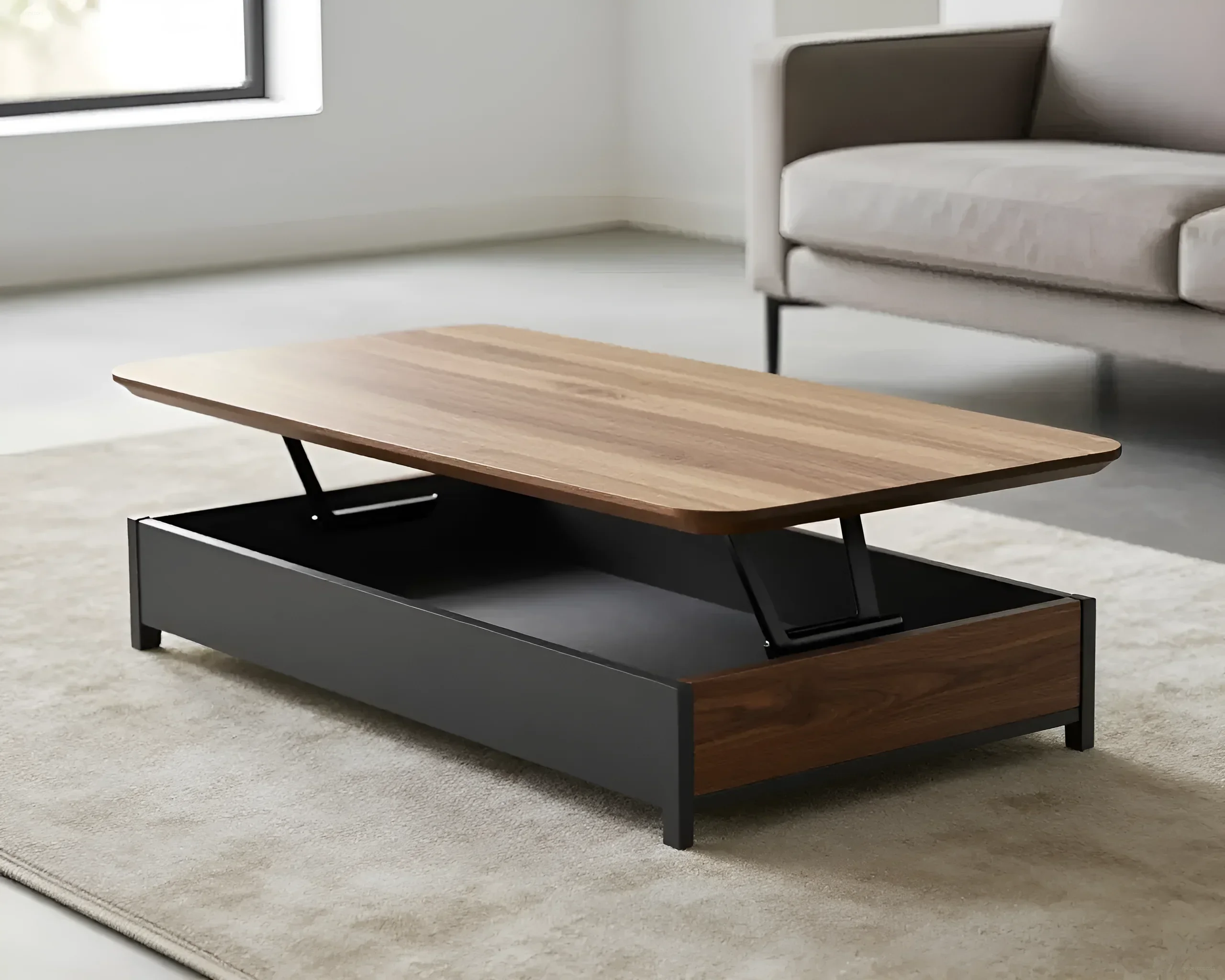 Scandinavian-style coffee table with a lift-top, revealing hidden storage space