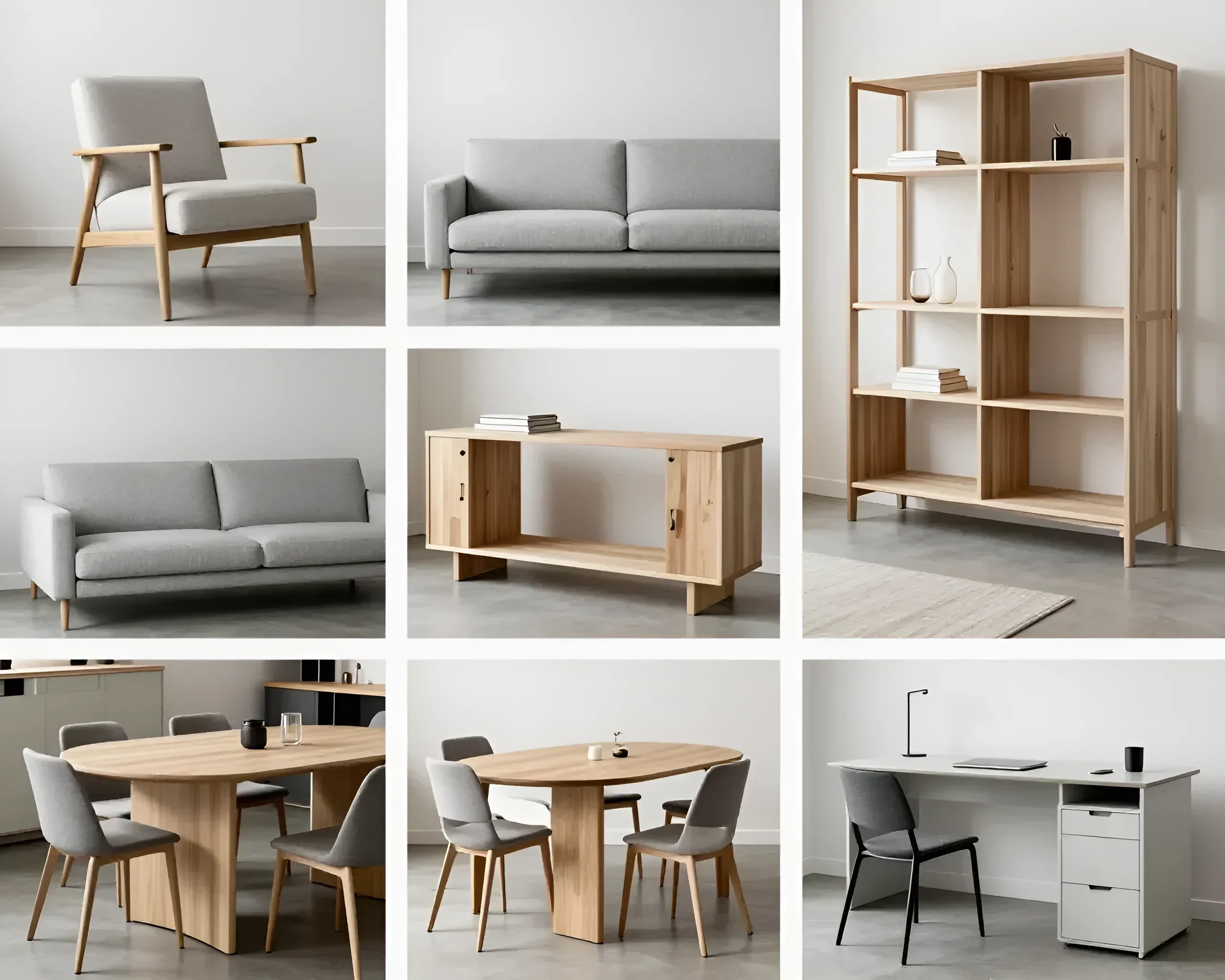 Scandinavian minimalist furniture collection: armchair, sofas, shelving unit, cabinet, dining table, and desk