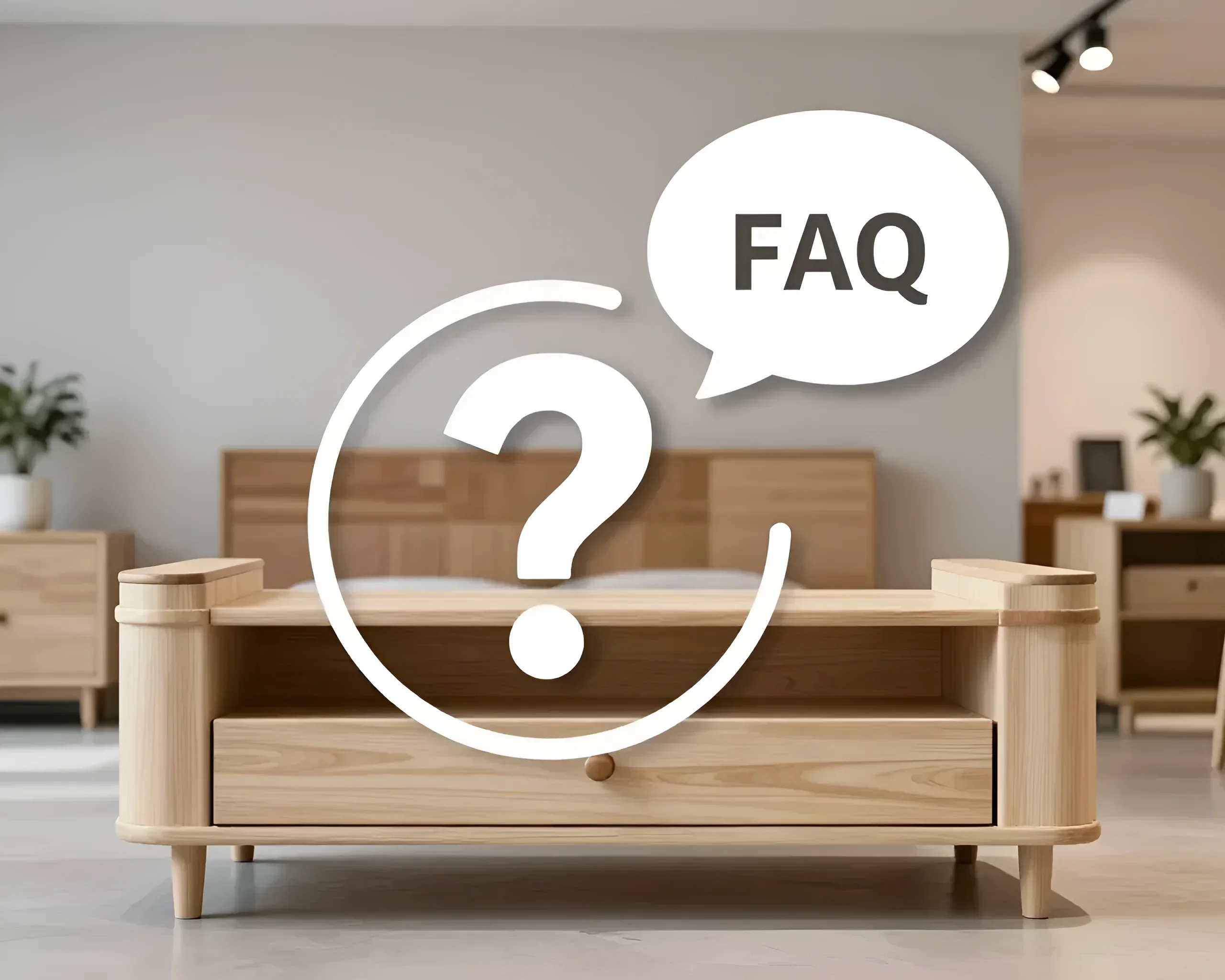 Question mark and speech bubble with the word FAQ against a background of a light wooden cabinet and a Scandinavian-style bed